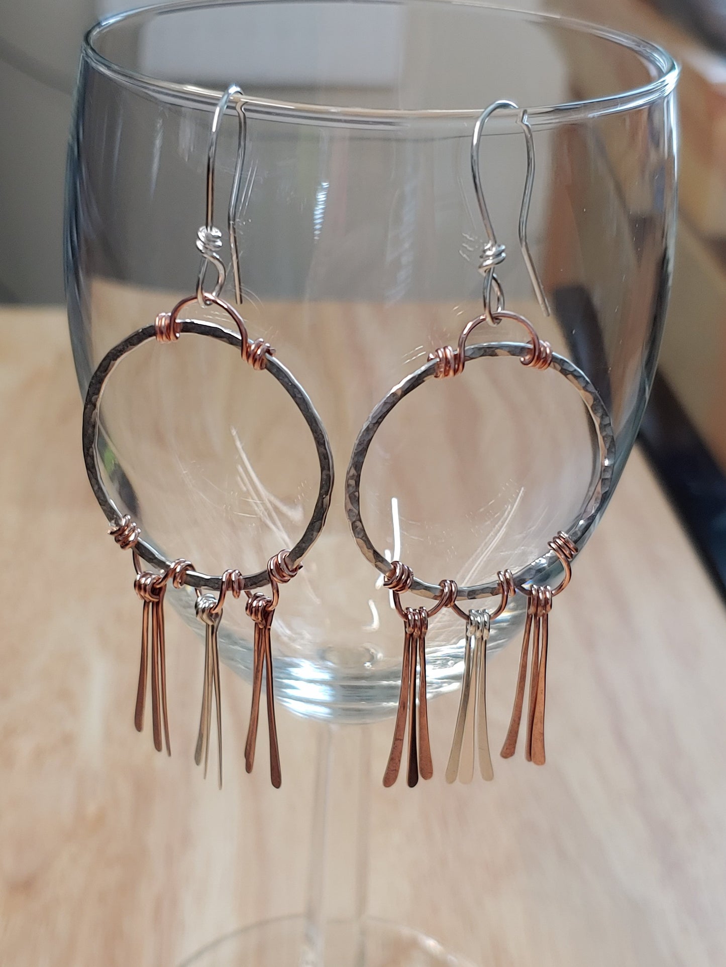 sterling silver hammered hoops with copper & sterling fringe earrings
