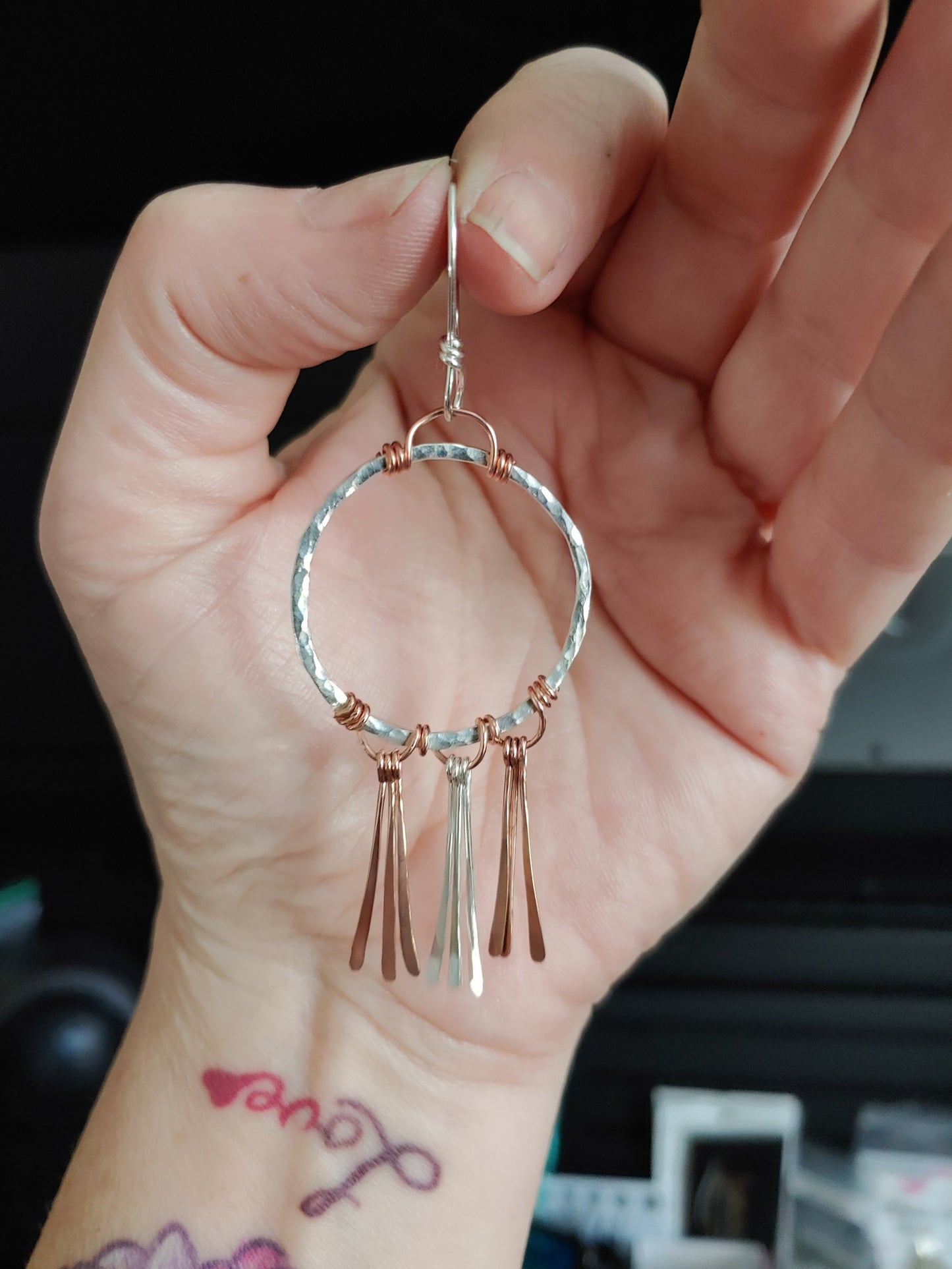 sterling silver hammered hoops with copper & sterling fringe earrings