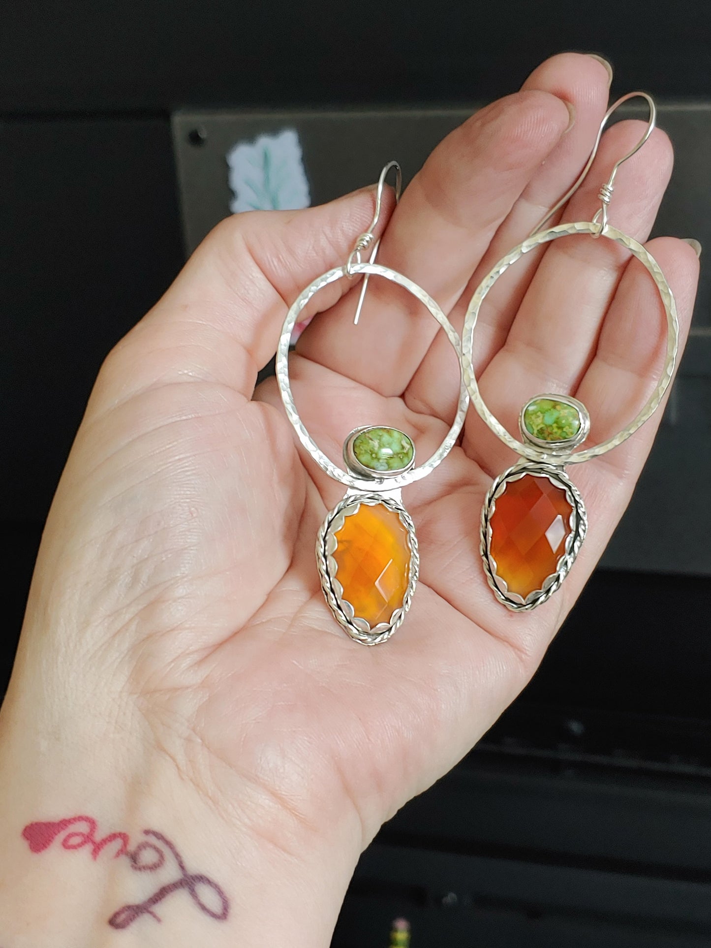 sterling silver orange carnelian & Sonoran gold turquoise hammered hoop earrings