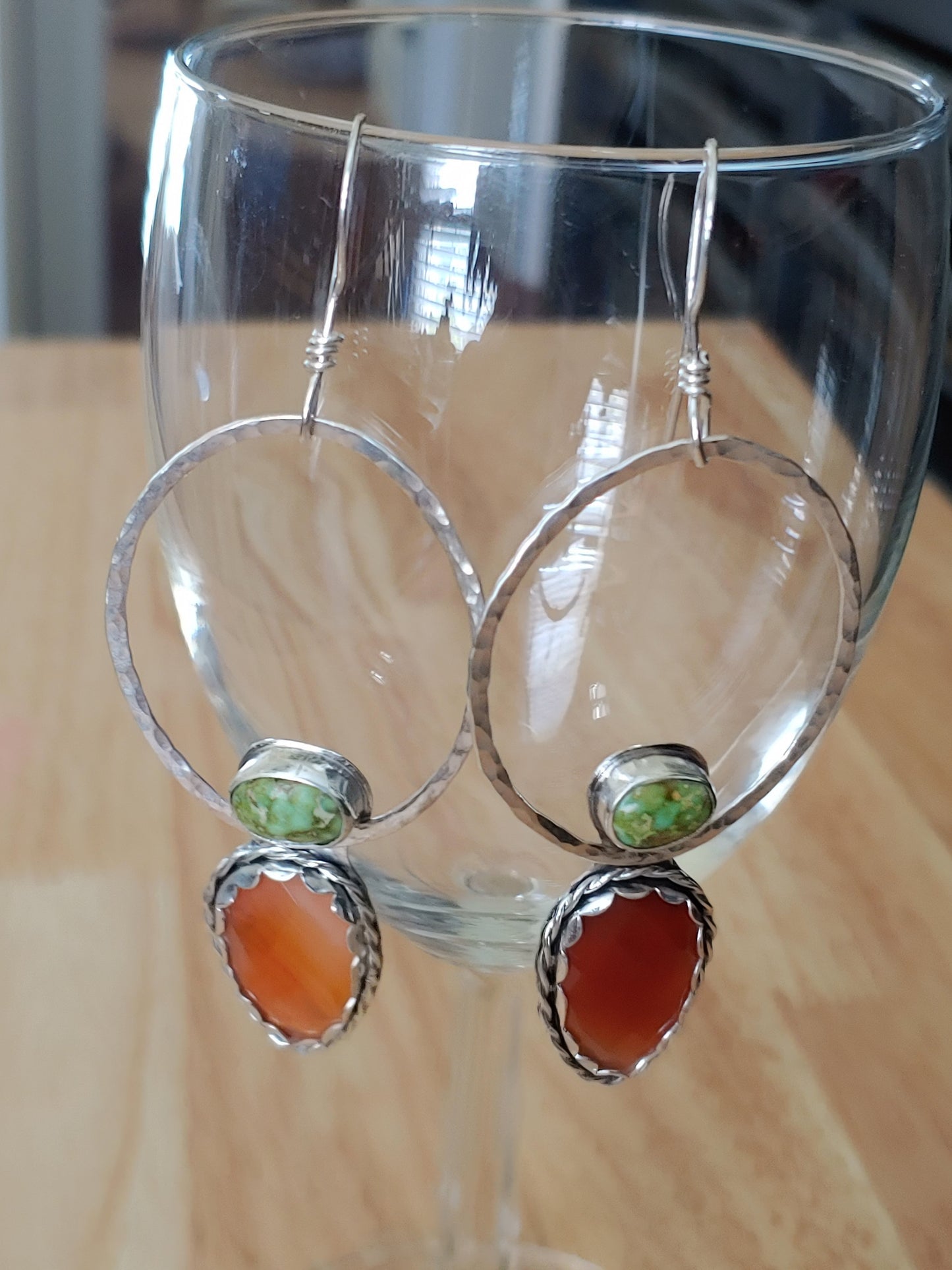 sterling silver orange carnelian & Sonoran gold turquoise hammered hoop earrings