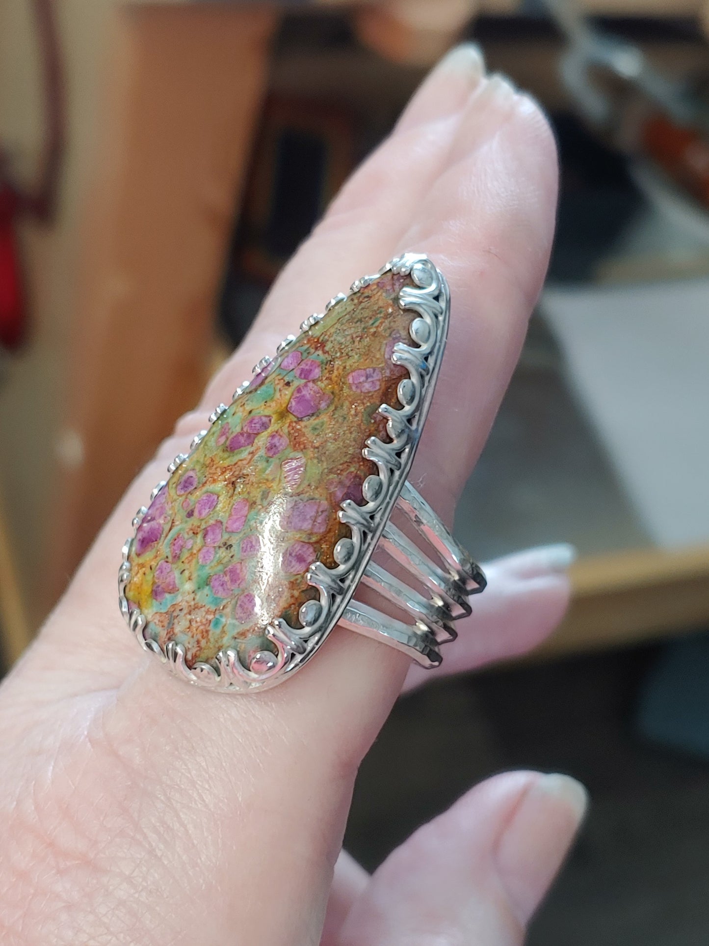 sterling silver ruby in fuchsite statement ring
