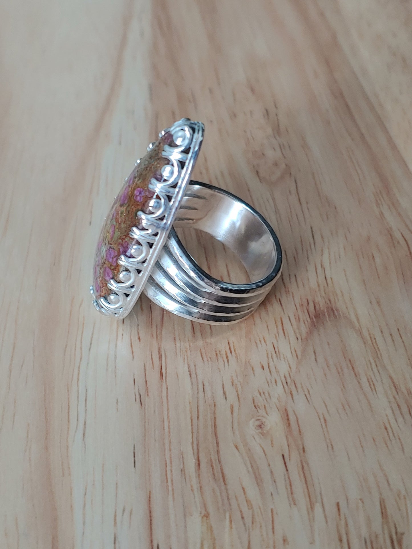 sterling silver ruby in fuchsite statement ring