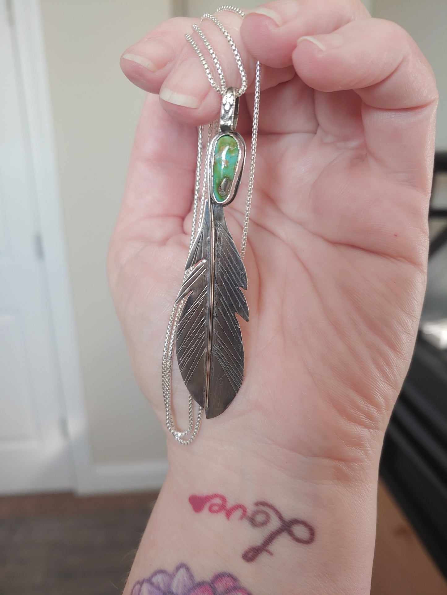 sterling silver Sonoran gold turquoise hand fabricated feather pendant