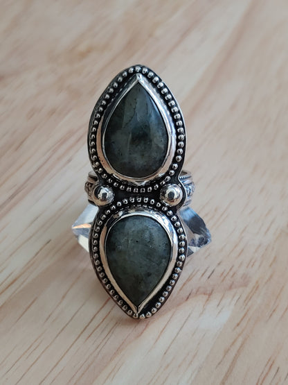 sterling silver double pear shaped labradorite statement ring