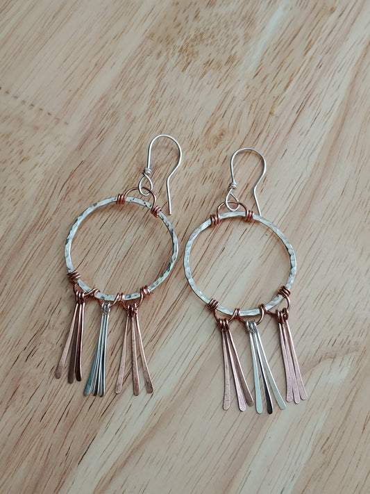 sterling silver hammered hoops with copper & sterling fringe earrings