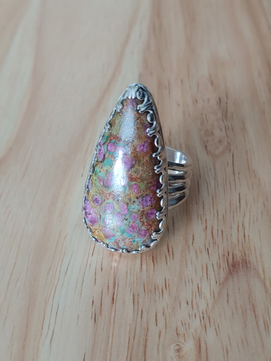 sterling silver ruby in fuchsite statement ring