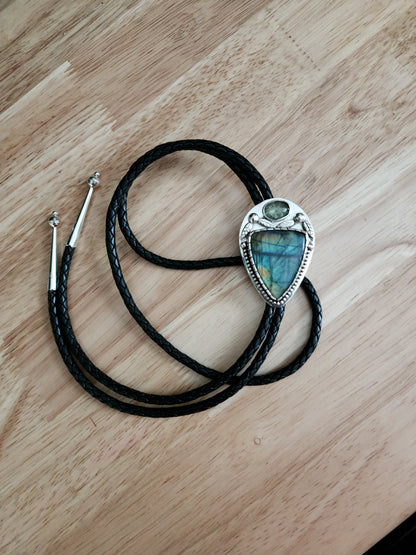 sterling silver labradorite & moss aquamarine castellated bezel bolo tie