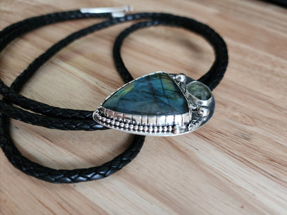 sterling silver labradorite & moss aquamarine castellated bezel bolo tie