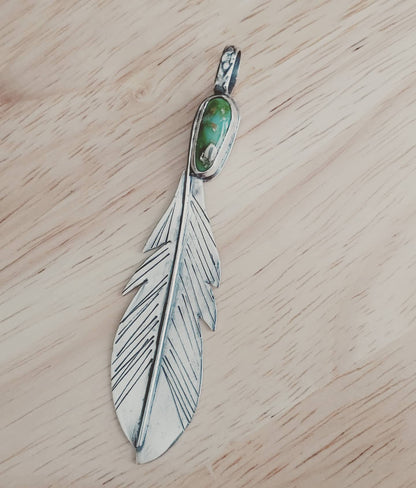 sterling silver Sonoran gold turquoise hand fabricated feather pendant