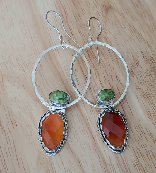 sterling silver orange carnelian & Sonoran gold turquoise hammered hoop earrings